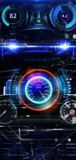 Futuristic car speedometer with neon blue design.