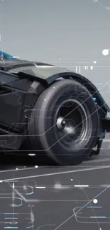 Futuristic car with tech overlay design.