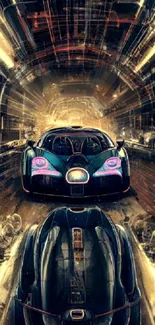 Futuristic car speeding through an illuminated tunnel, showcasing sleek design.