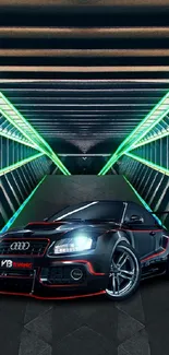 Sleek black car in futuristic tunnel with neon green lights.