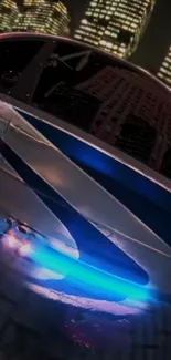 Futuristic car with neon lights in a night cityscape background.