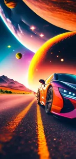 Futuristic car on road under vibrant cosmic sky with colorful planets.