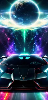 Futuristic sports car with neon colors under a galactic sky.