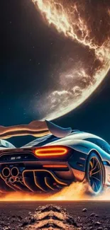 Futuristic car speeding under a vibrant moonlit sky.