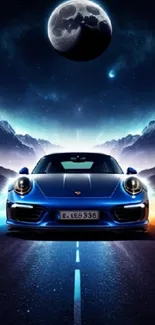 Futuristic blue sports car under a moonlit sky, perfect for dynamic phone backgrounds.