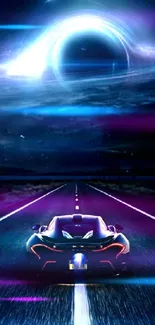 Futuristic car on a road under a cosmic portal and starry night sky.