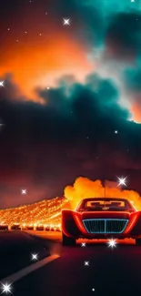 Futuristic car racing under a vivid starry sky and colorful clouds.