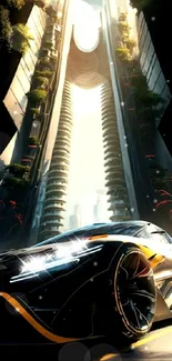 Futuristic car speeding through a cityscape at sunset.