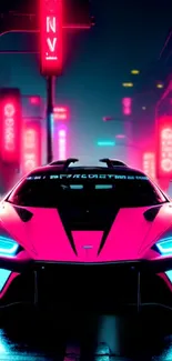 Futuristic car under neon lights in a vibrant cityscape.