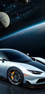 Futuristic car with cosmic background and planets.