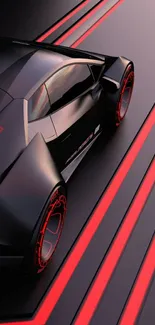 Futuristic sports car with red accents on mobile wallpaper.