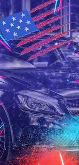 Futuristic car with neon and cosmic design elements.