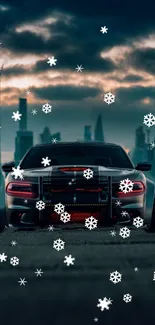 Futuristic car with falling snowflakes against a city skyline at night.