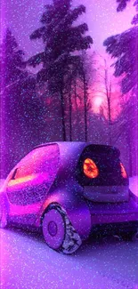 Futuristic car on snowy path during a vibrant purple and orange sunset.