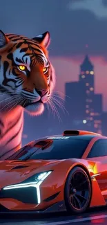 Futuristic car with a tiger in a vibrant cityscape at night.