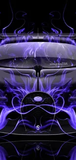 Futuristic car with purple neon flames on black background.