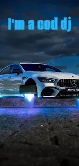 Futuristic car with neon blue glow under a cloudy night sky.