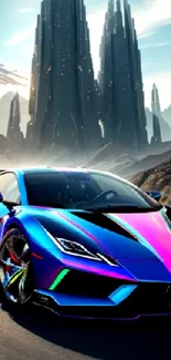 Futuristic neon car in dramatic landscape with towering spires.