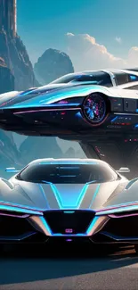 Futuristic cars with cliff background, vibrant and tech-inspired design.