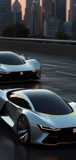 Futuristic cars driving through a city at dawn with sleek design.