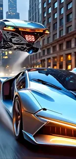 Futuristic cars racing in a city at night.