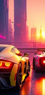 Futuristic cars racing at sunset in a vibrant cityscape.