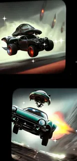 Wallpaper with futuristic cars and sci-fi elements set in a dynamic landscape.