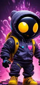 Futuristic cartoon character with neon background