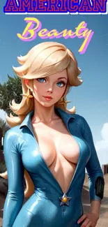 Futuristic cartoon girl in a blue outfit with desert backdrop.