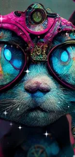 Futuristic cat with neon glasses and vibrant colors.