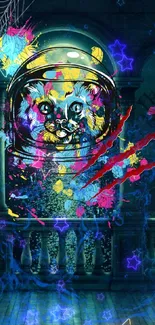 Futuristic cosmic cat art wallpaper with vibrant colors and abstract design.