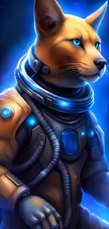 Futuristic cat wearing a spacesuit in blue tones.