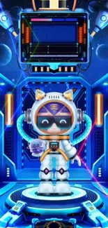 Futuristic cat astronaut in neon space themed digital wallpaper.