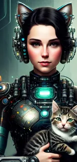 Cyborg woman with cat ears holding a kitten in a futuristic setting.