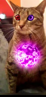 A futuristic cosmic cat with glowing eyes and a radiant core in a vibrant setting.