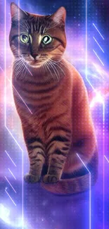 Futuristic cat in neon galaxy background with glowing lines.