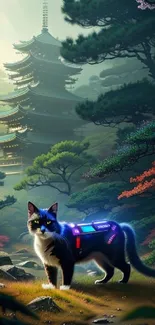 Futuristic cat in a Japanese garden with pagoda background.