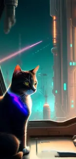 Futuristic cat gazing at neon city skyline.