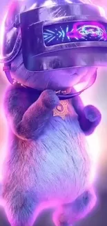 Neon cat with futuristic visor and purple glow.