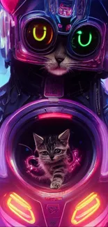 Futuristic neon robotic cat with LED accents and vibrant colors in mobile wallpaper.