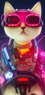 Futuristic cat with neon lights and cyberpunk style on dark background.