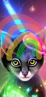 Graphic of a futuristic cat with neon lights in vibrant colors.