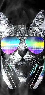 Cat with headphones and neon shades on black background.