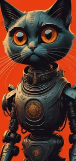 Cybernetic cat with orange backdrop, futuristic design.