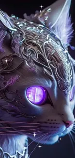 Ornate futuristic cat with purple eyes and robotic armor on a dark background.