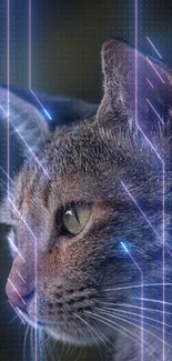 Futuristic cat with neon lines in a digital style.