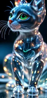 Futuristic glowing digital cat art on wallpaper.