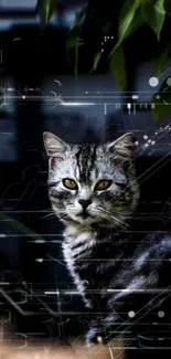 A cat with a digital circuitry design on a mobile wallpaper background.