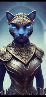 Futuristic cat warrior with blue eyes in ornate armor, mobile wallpaper.