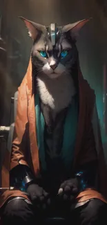 Futuristic cat with blue eyes in a sci-fi setting, wearing a robe.